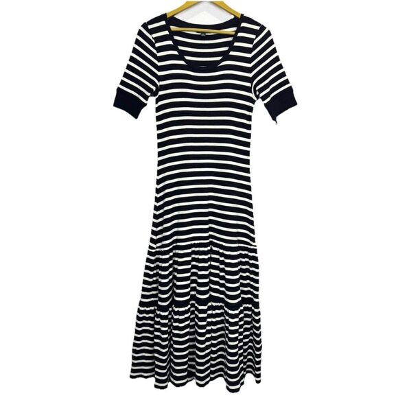 Lauren Ralph Lauren Tiered Maxi Dress Size M Black White Stripe Preppy Coastal - Picture 1 of 6